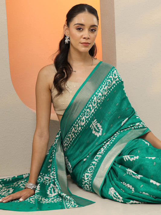 Green Printed Silk Blend Saree With Unstitched Blouse Piece