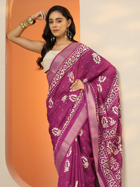 Magenta Printed Silk Blend Saree With Unstitched Blouse Piece