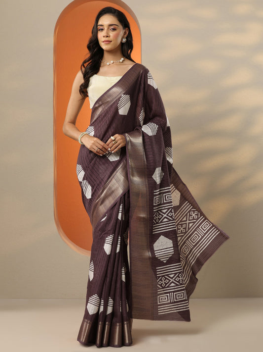 Brown Printed Silk Blend Saree With Unstitched Blouse Piece