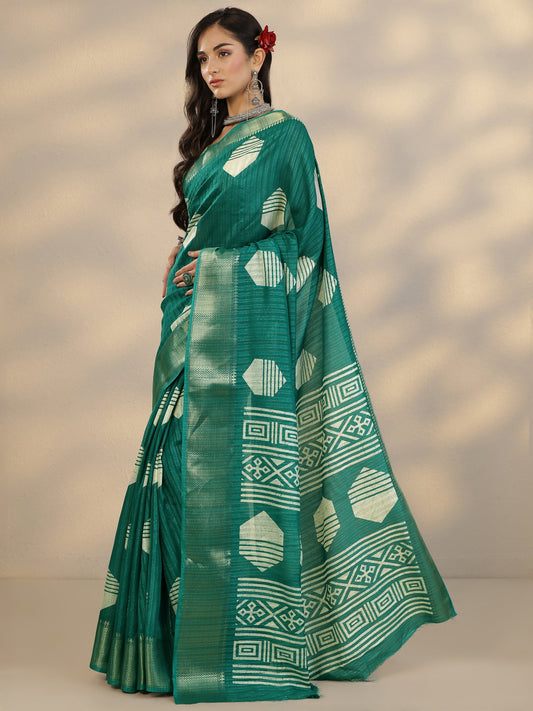 Green Printed Silk Blend Saree With Unstitched Blouse Piece
