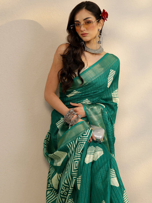 Green Printed Silk Blend Saree With Unstitched Blouse Piece