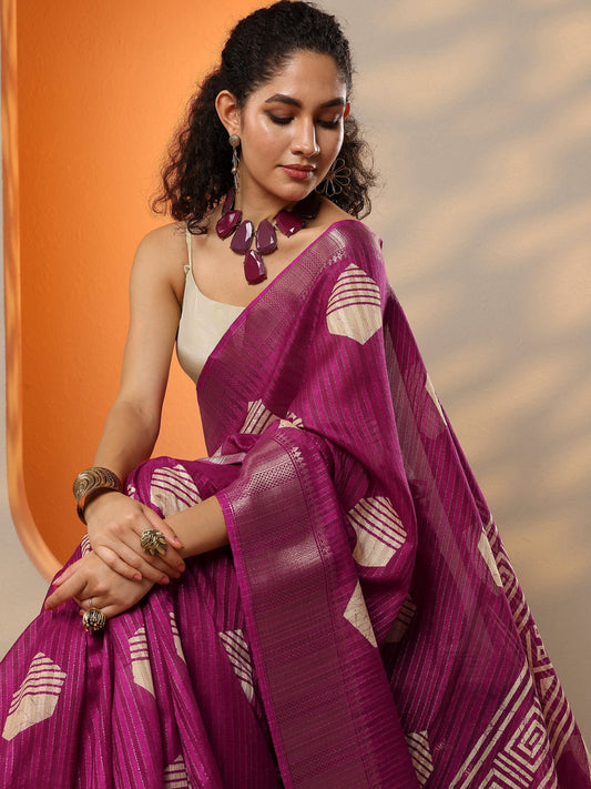 Magenta Printed Silk Blend Saree With Unstitched Blouse Piece
