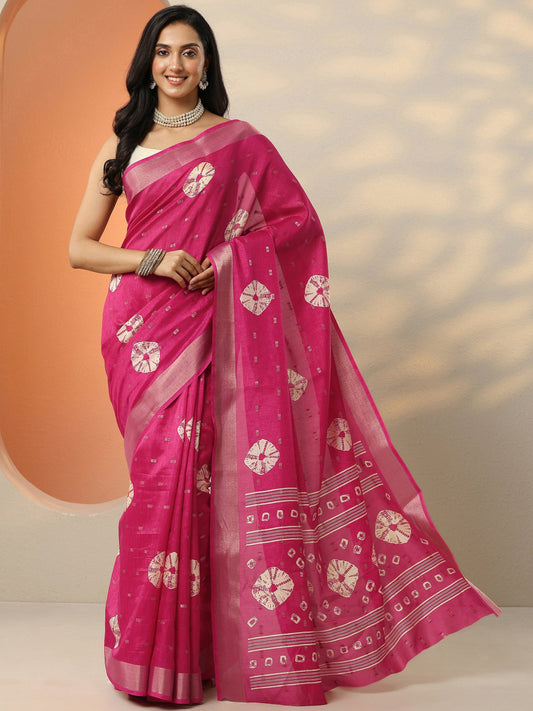 Pink Printed Silk Blend Saree With Unstitched Blouse Piece