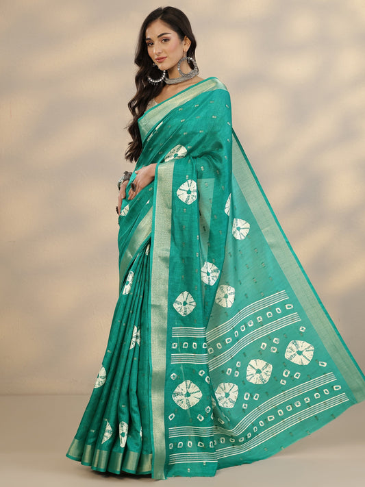 Green Printed Silk Blend Saree With Unstitched Blouse Piece