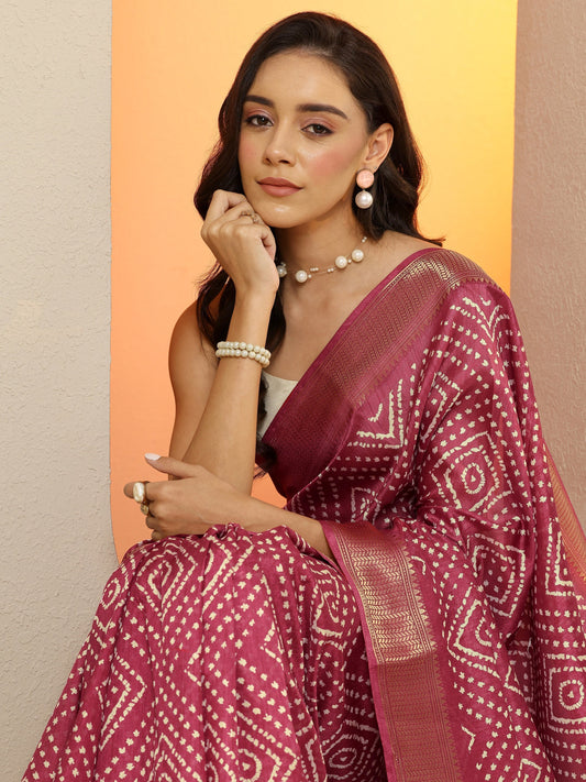 Pink Printed Silk Blend Saree With Unstitched Blouse Piece