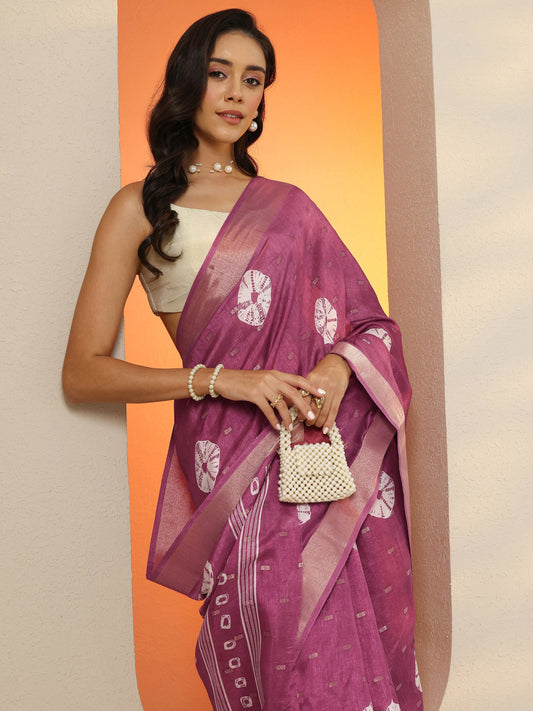 Mauve Printed Silk Blend Saree With Unstitched Blouse Piece