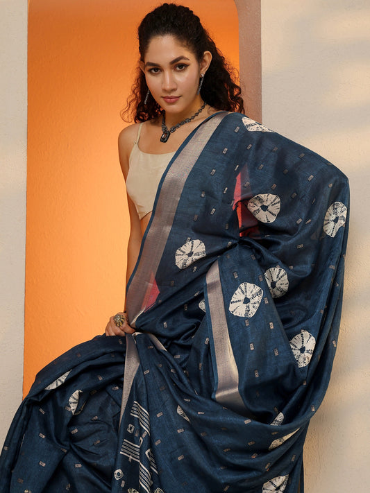 Navy Blue Printed Silk Blend Saree With Unstitched Blouse Piece