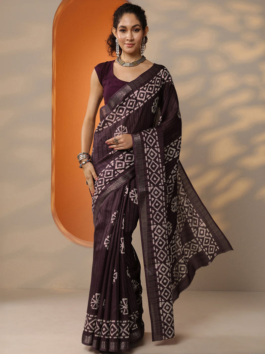 Purple Printed Silk Blend Saree With Unstitched Blouse Piece