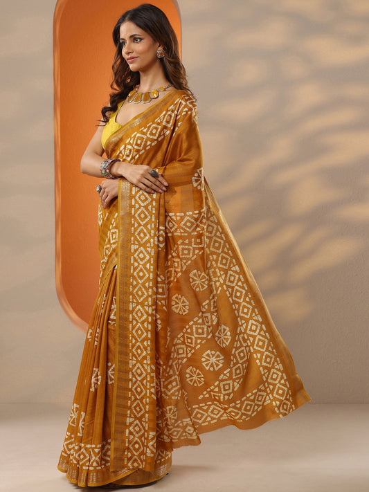Mustard Printed Silk Blend Saree With Unstitched Blouse Picece