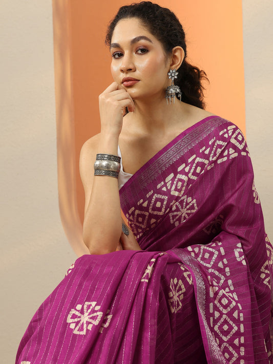 Pink Printed Silk Blend Saree With Unstitched Blouse Piece