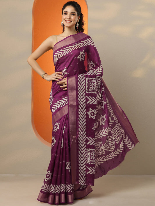 Burgundy Printed Silk Blend Saree With Unstitched Blouse Piece