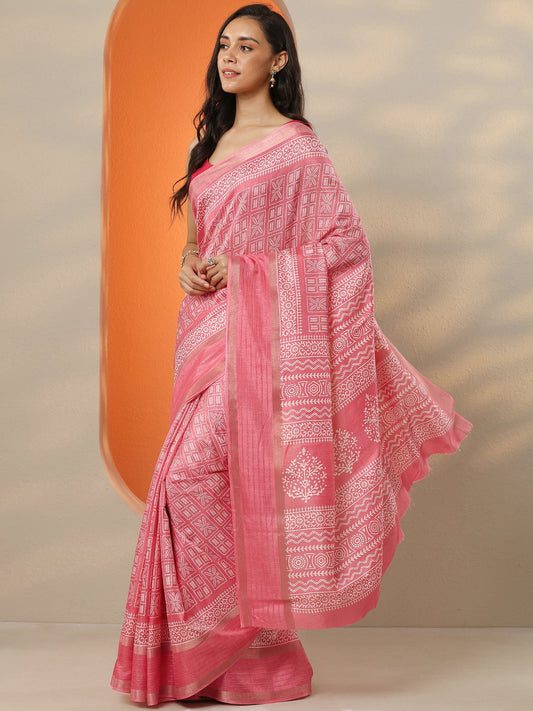 Coral Printed Silk Blend Saree With Unstitched Blouse Piece