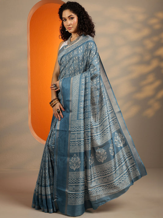 Blue Printed Silk Blend Saree With Unstitched Blouse Piece