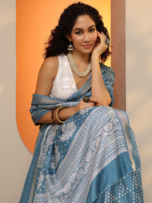 Blue Bandhani Printed Silk Blend Saree With Unstitched Blouse Piece
