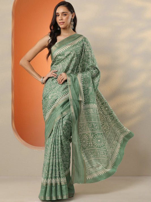 Green Printed Silk Blend Saree With Unstitched Blouse Piece
