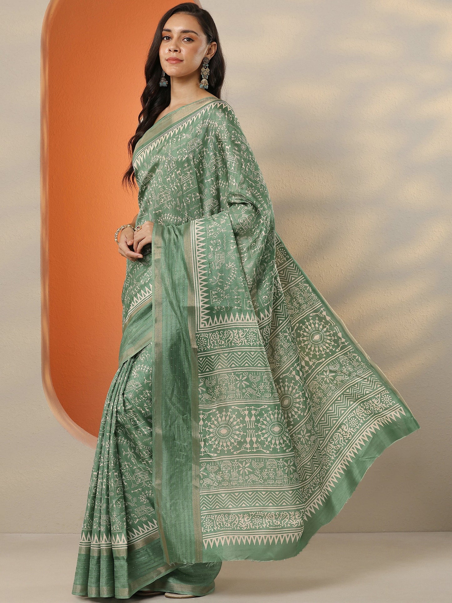 Green Printed Silk Blend Saree With Unstitched Blouse Piece