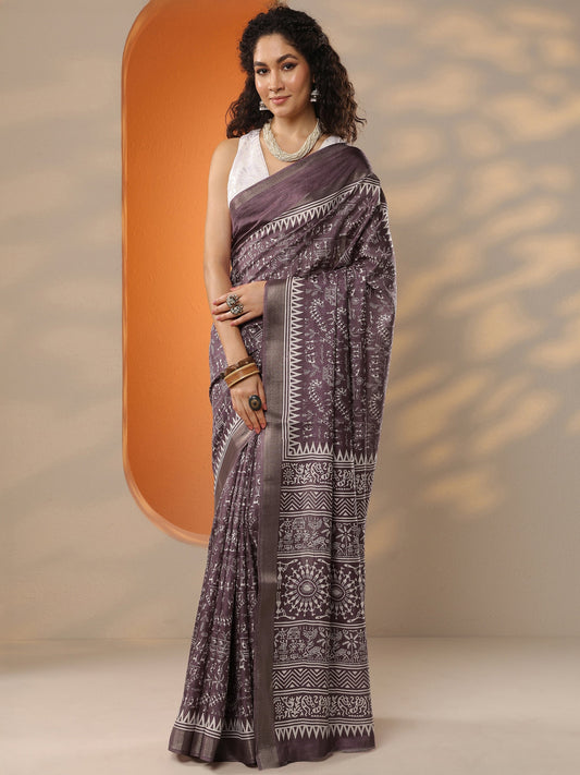 Purple Printed Silk Blend Saree With Unstitched Blouse Piece