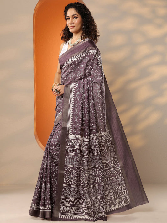 Purple Printed Silk Blend Saree With Unstitched Blouse Piece