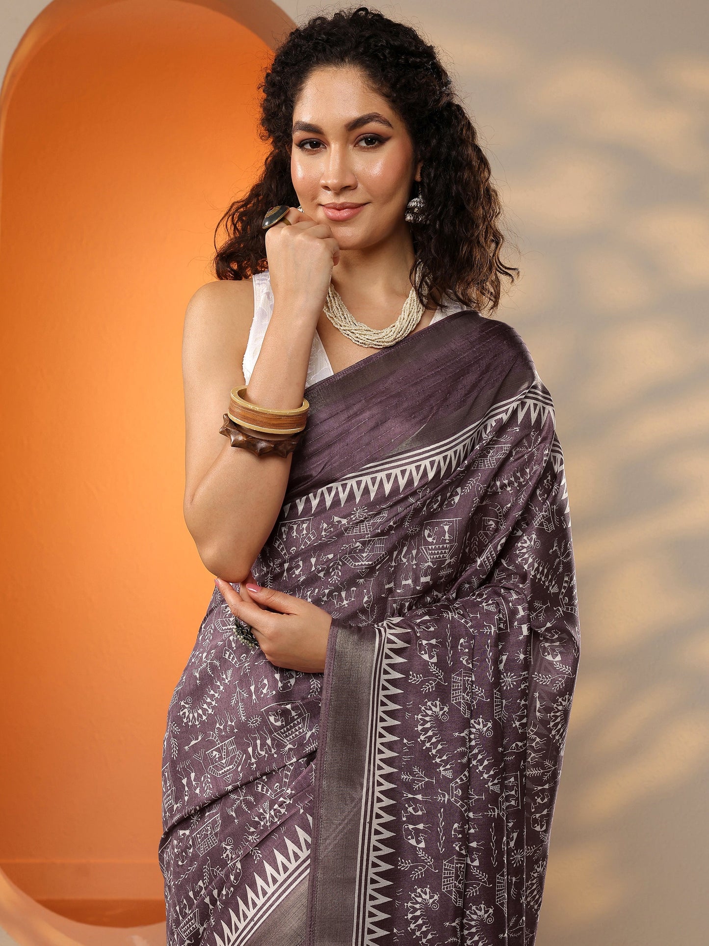 Purple Printed Silk Blend Saree With Unstitched Blouse Piece