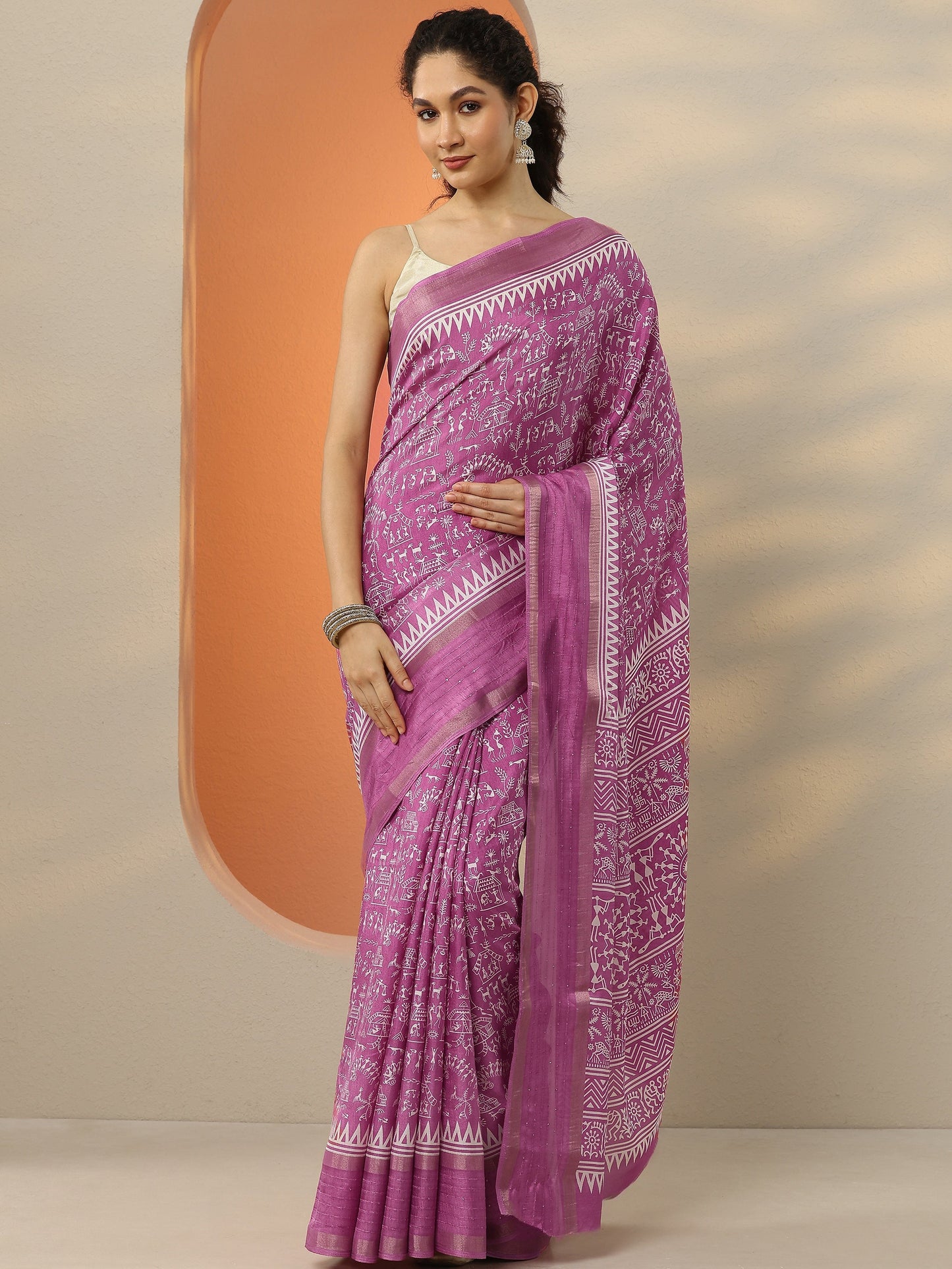 Pink Printed Silk Blend Saree With Unstitched Blouse Piece