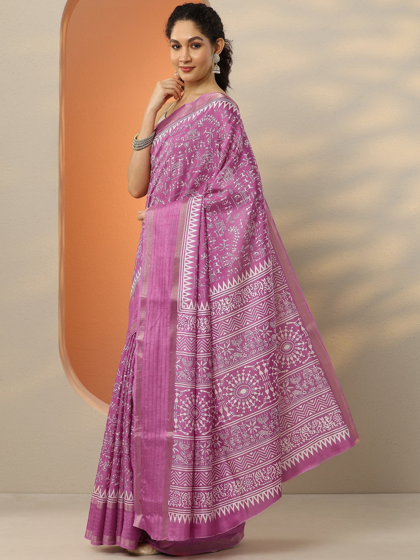 Pink Printed Silk Blend Saree With Unstitched Blouse Piece