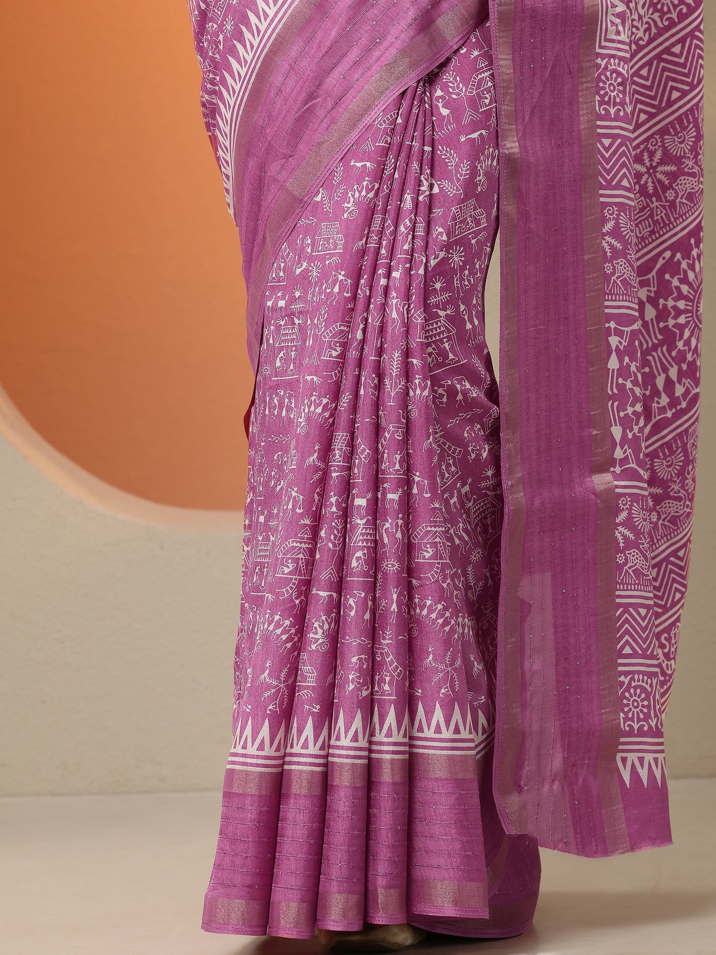 Pink Printed Silk Blend Saree With Unstitched Blouse Piece