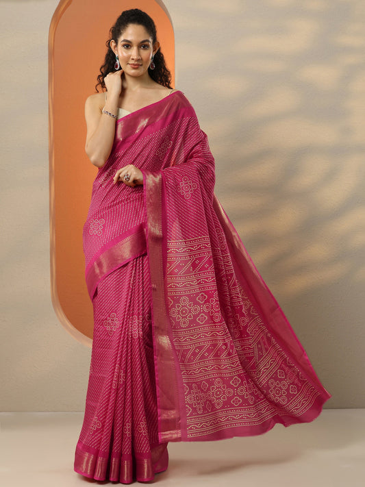 Coral Bandhani Printed Silk Blend Saree With Unstitched Blouse Piece