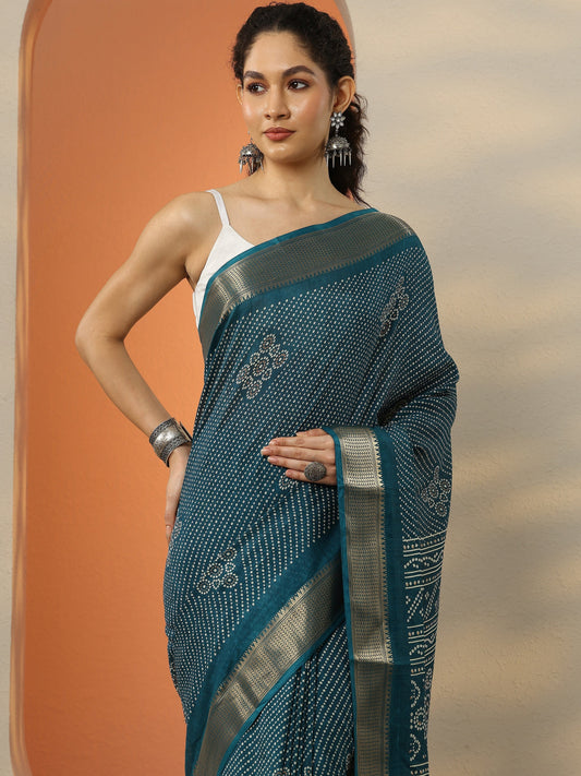 Blue Bandhani Printed Silk Blend Saree With Unstitched Blouse Piece