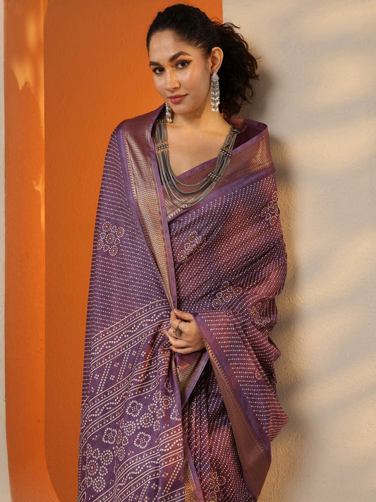 Purple Bandhani Printed Silk Blend Saree With Unstitched Blouse Piece