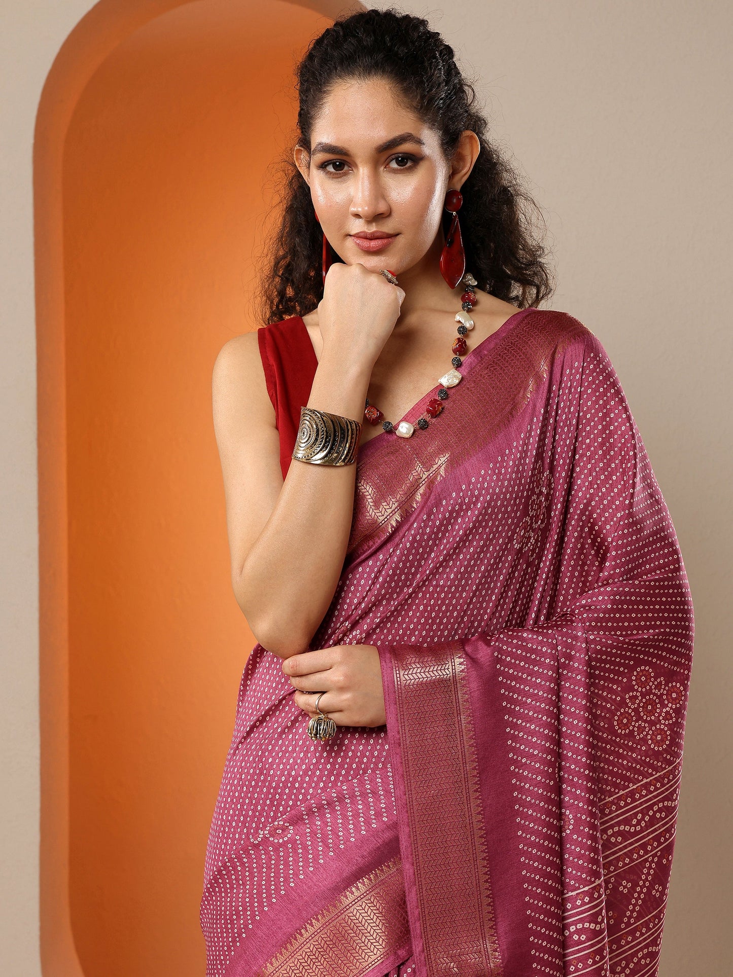 Mauve Bandhani Printed Silk Blend Saree With Unstitched Blouse Piece