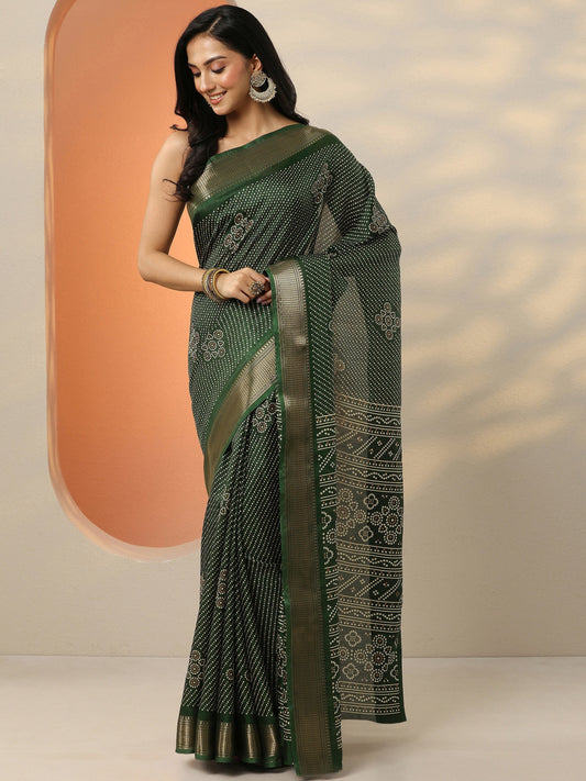 Green Bandhani Printed Silk Blend Saree With Unstitched Blouse Piece