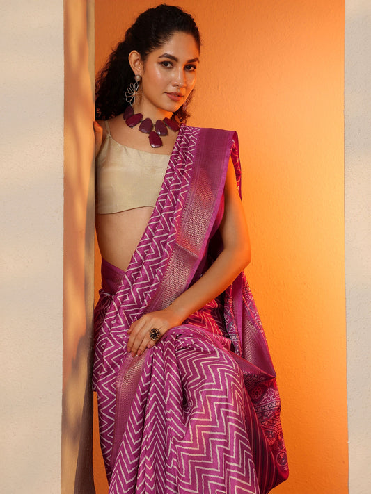 Pink Leheriya Printed Silk Blend Saree With Unstitched Blouse Piece