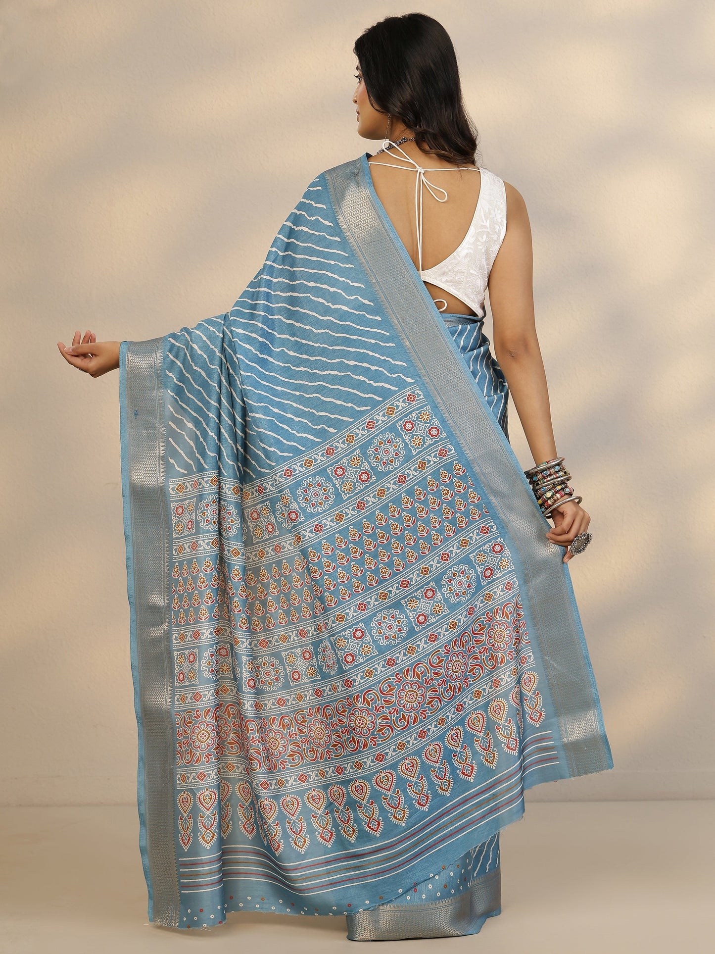 Blue Leheriya Printed Silk Blend Saree With Unstitched Blouse Piece