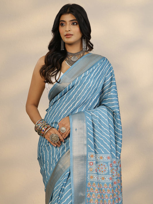 Blue Leheriya Printed Silk Blend Saree With Unstitched Blouse Piece