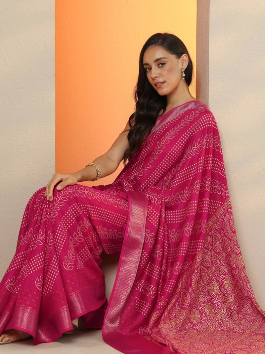 Magenta Bandhani Printed Silk Blend Saree With Unstitched Blouse Piece