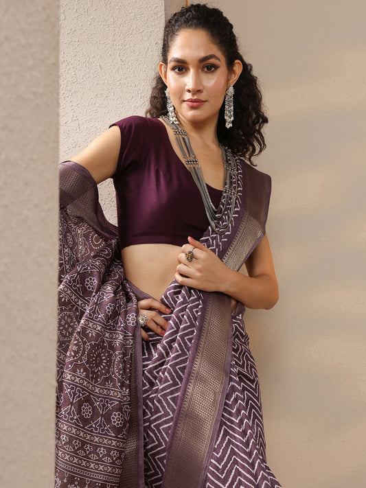 Brown Leheriya Printed Silk Blend Saree With Unstitched Blouse Piece