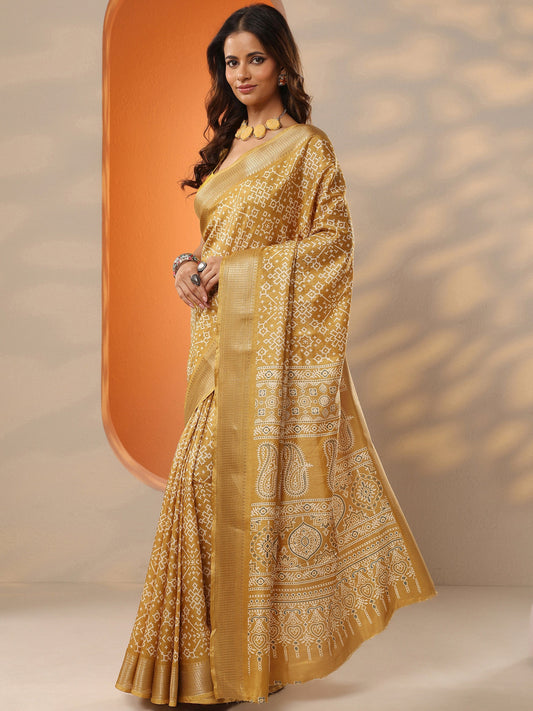 Mustard Printed Silk Blend Saree With Unstitched Blouse Piece