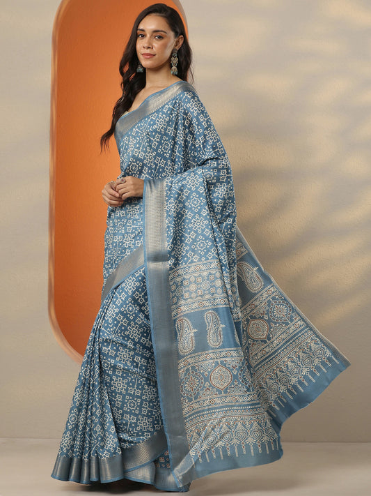 Blue Printed Silk Blend Saree With Unstitched Blouse Piece