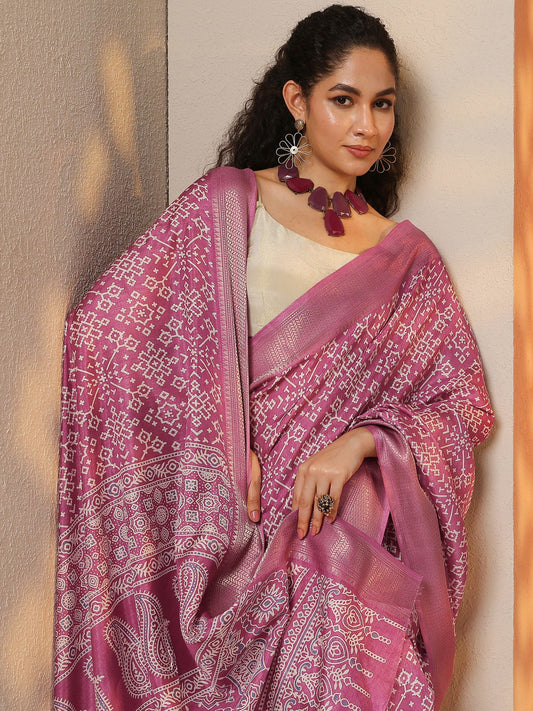 Pink Printed Silk Blend Saree With Unstitched Blouse Piece