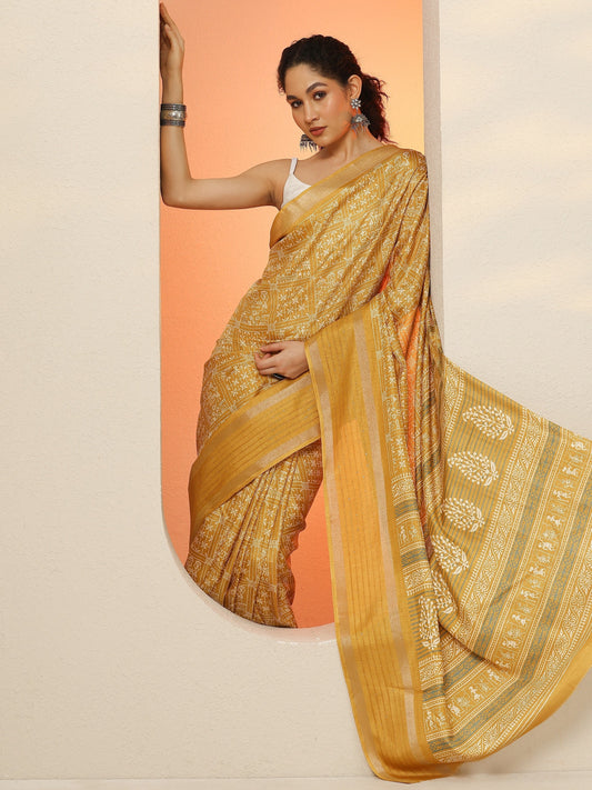 Mustard Printed Silk Blend Saree With Unstitched Blouse Piece