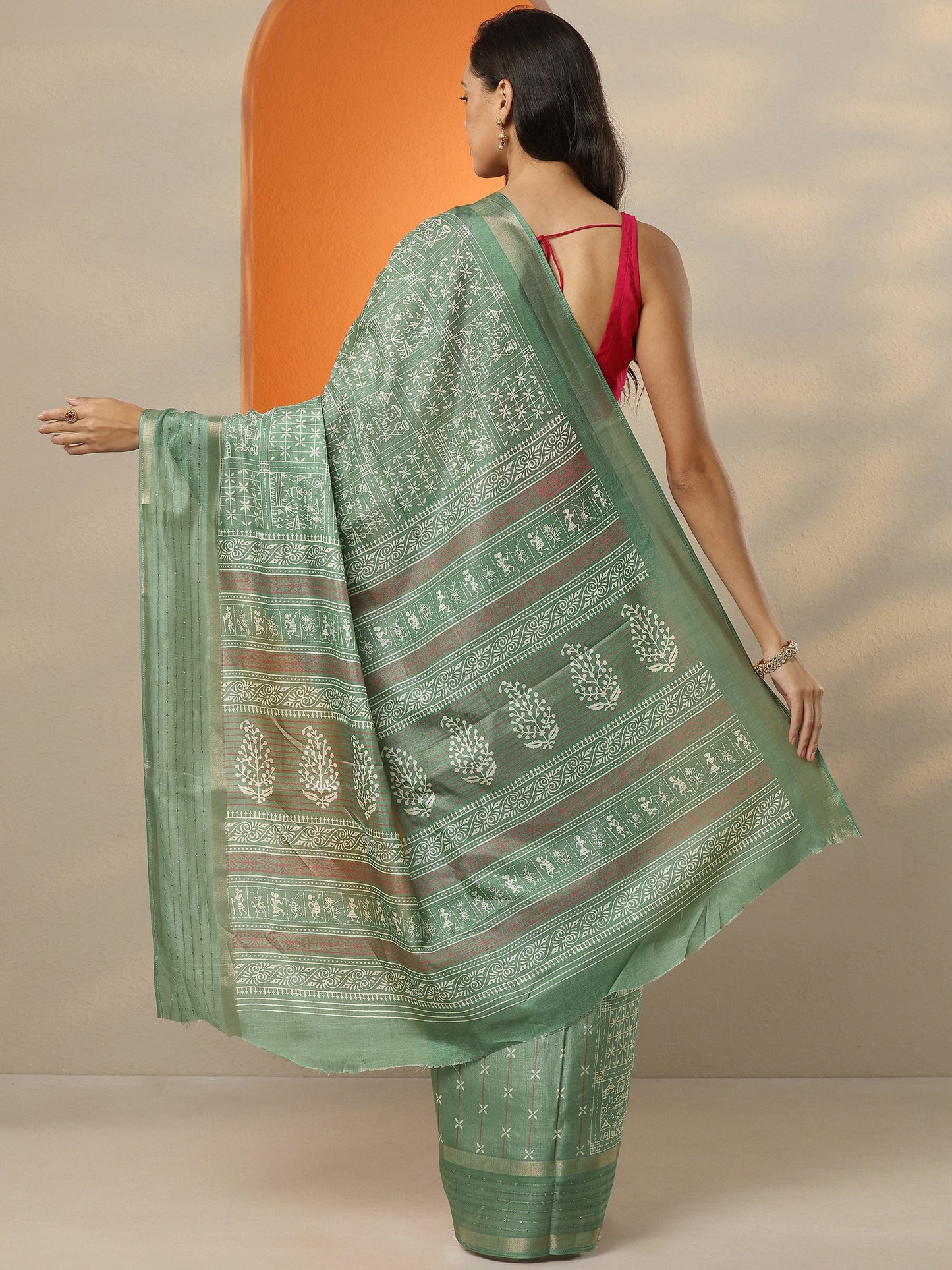 Green Printed Silk Blend Saree With Unstitched Blouse Piece