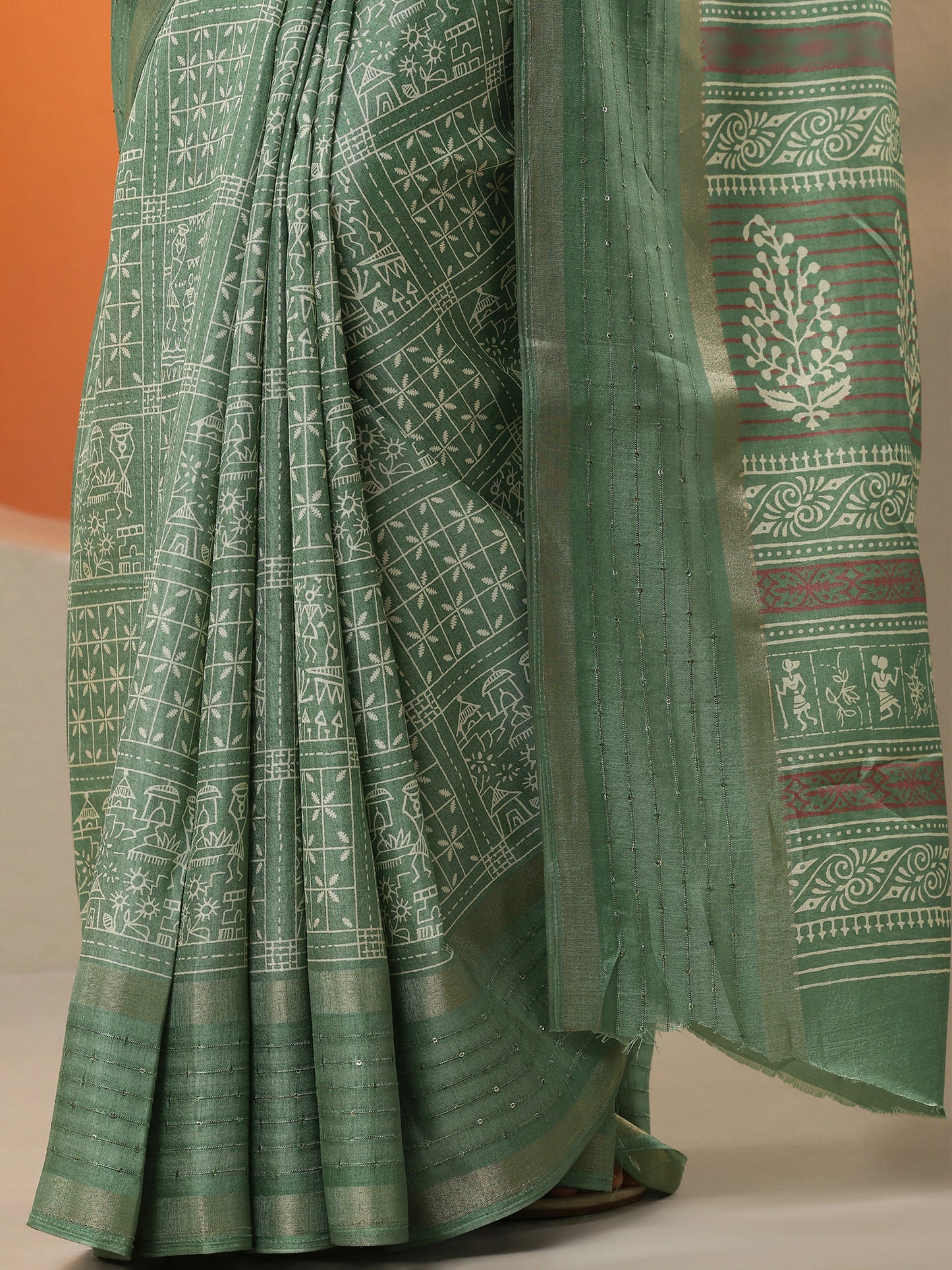 Green Printed Silk Blend Saree With Unstitched Blouse Piece