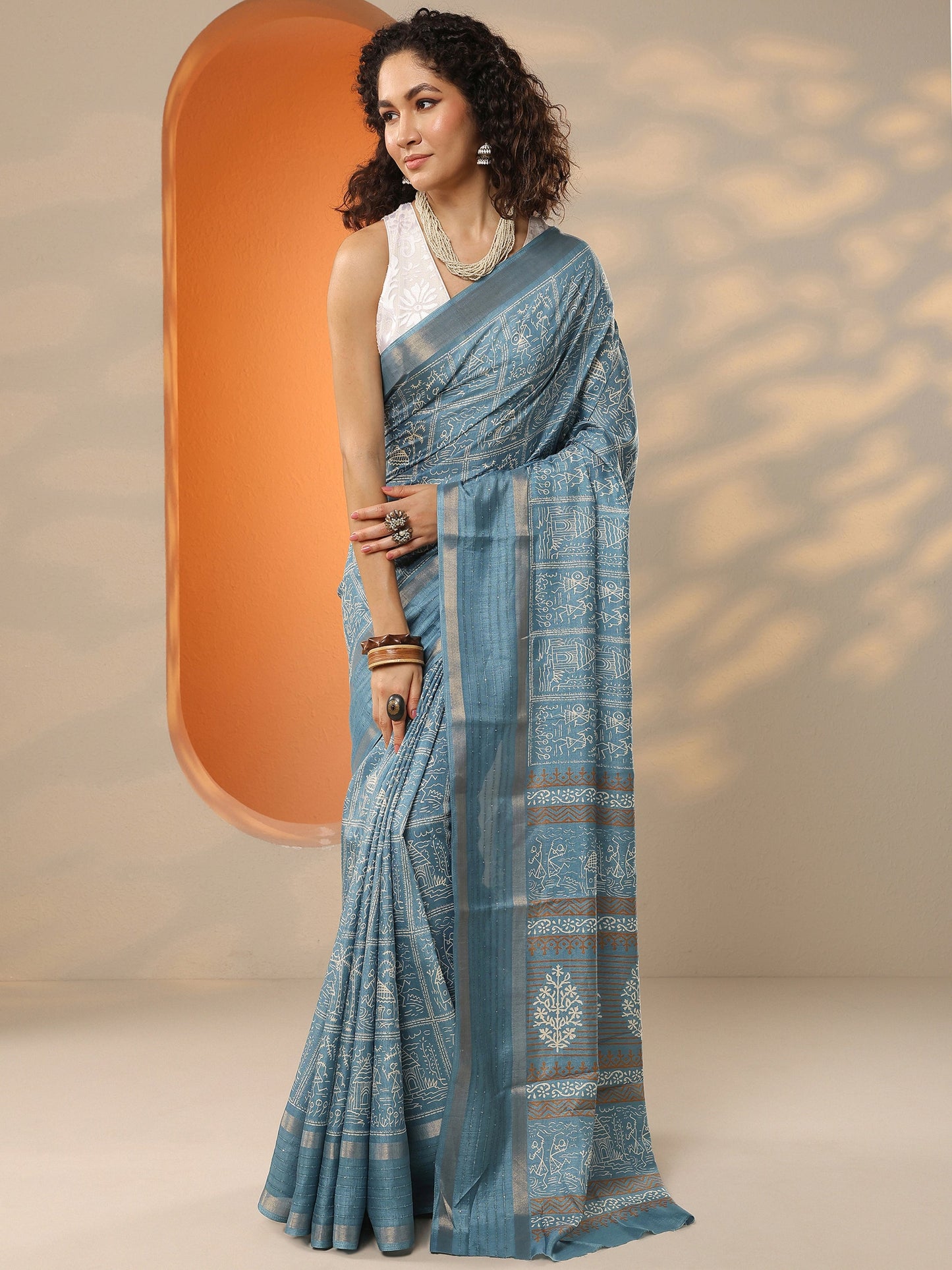 Blue Printed Silk Blend Saree With Unstitched Blouse Piece