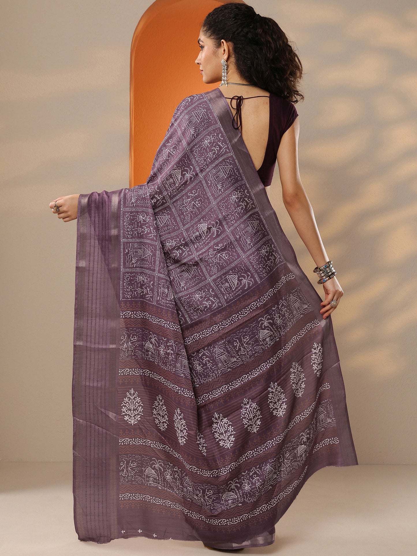 Mauve Printed Silk Blend Saree With Unstitched Blouse Piece
