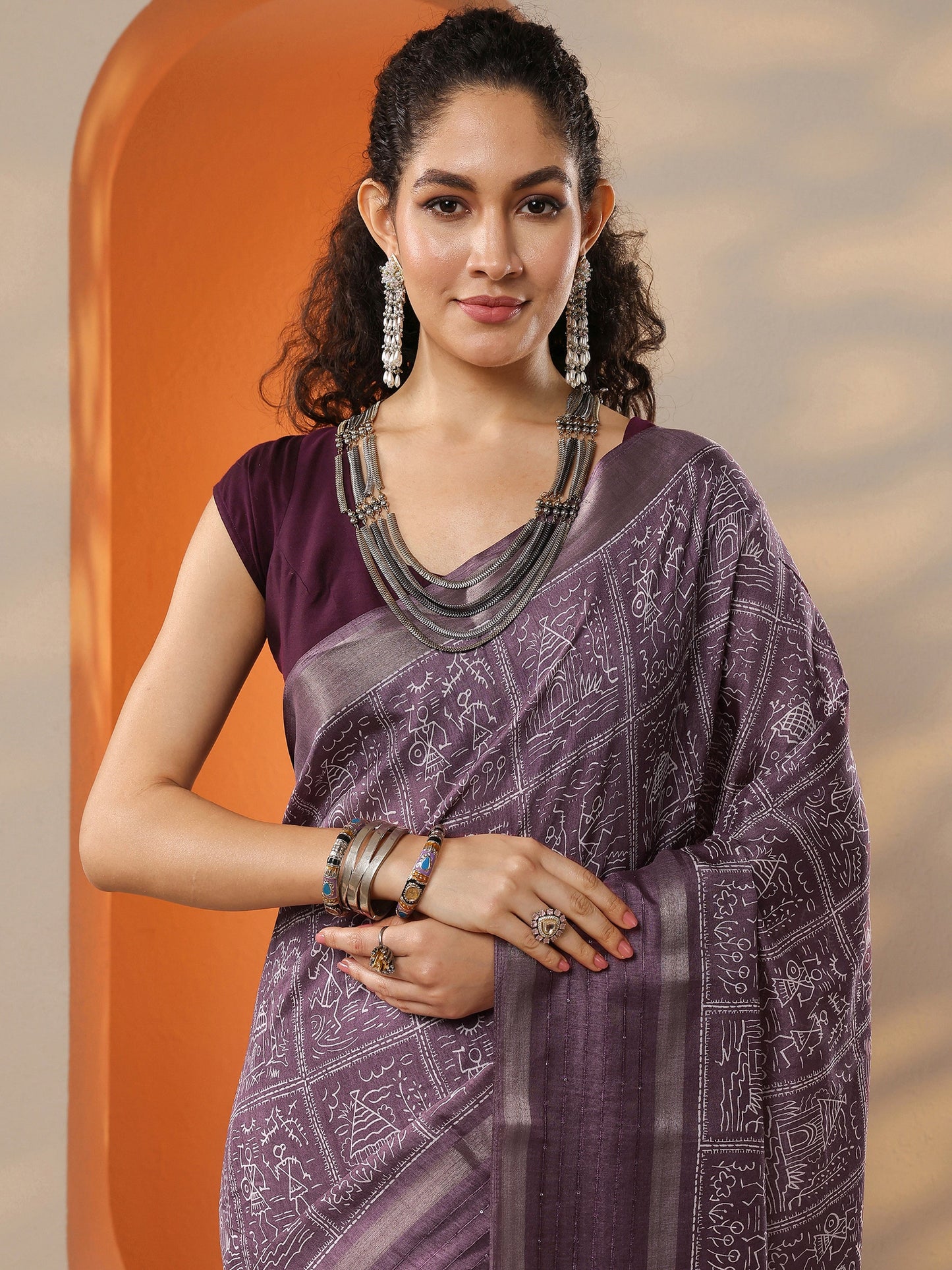 Mauve Printed Silk Blend Saree With Unstitched Blouse Piece