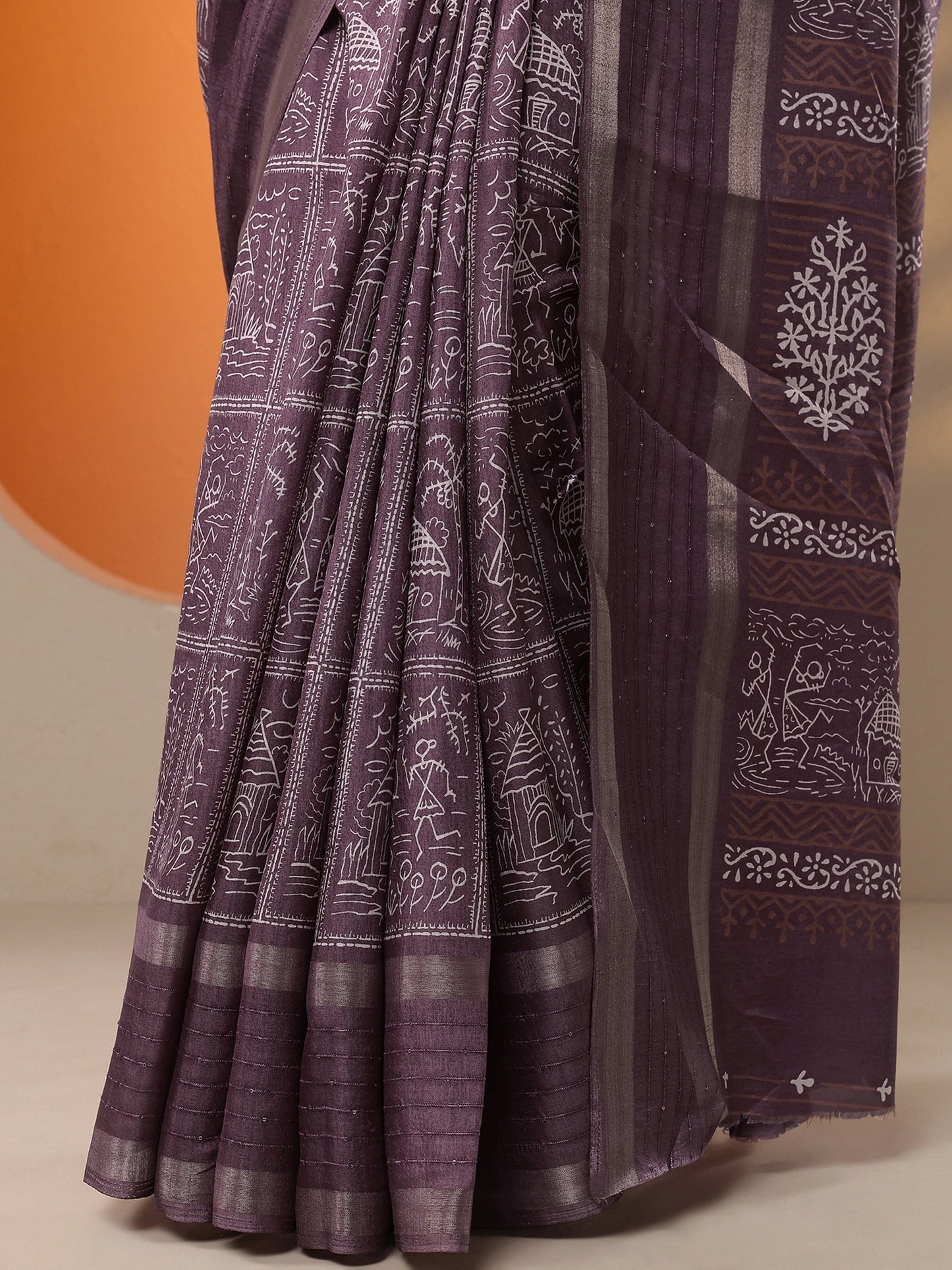 Mauve Printed Silk Blend Saree With Unstitched Blouse Piece