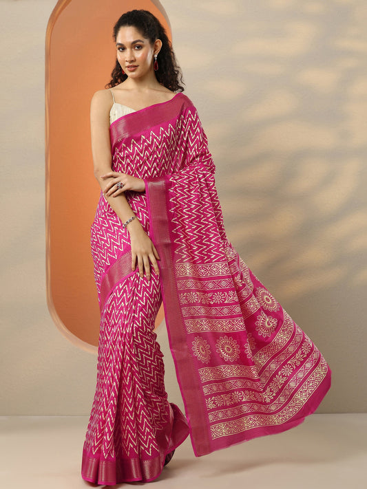 Pink Leheriya Printed Silk Blend Saree With Unstitched Blouse Piece