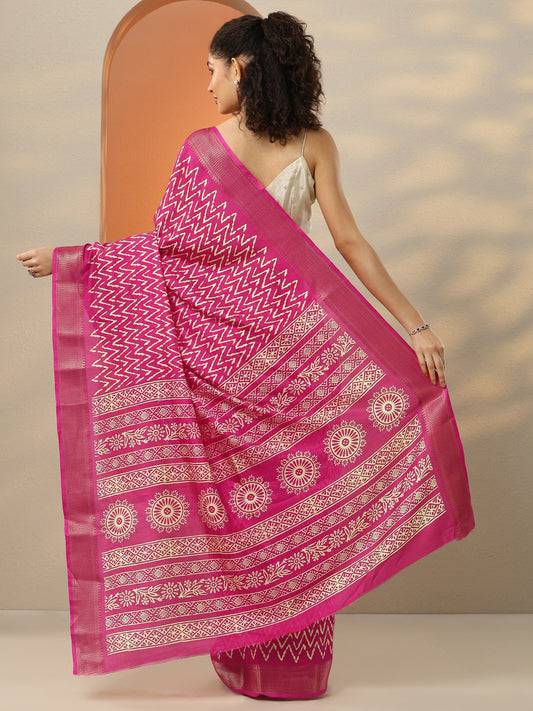 Pink Leheriya Printed Silk Blend Saree With Unstitched Blouse Piece