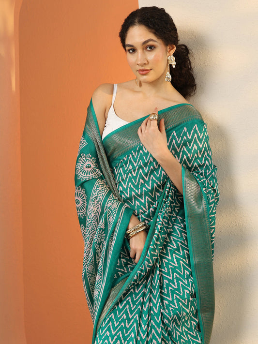 Green Leheriya Printed Silk Blend Saree With Unstitched Blouse Piece