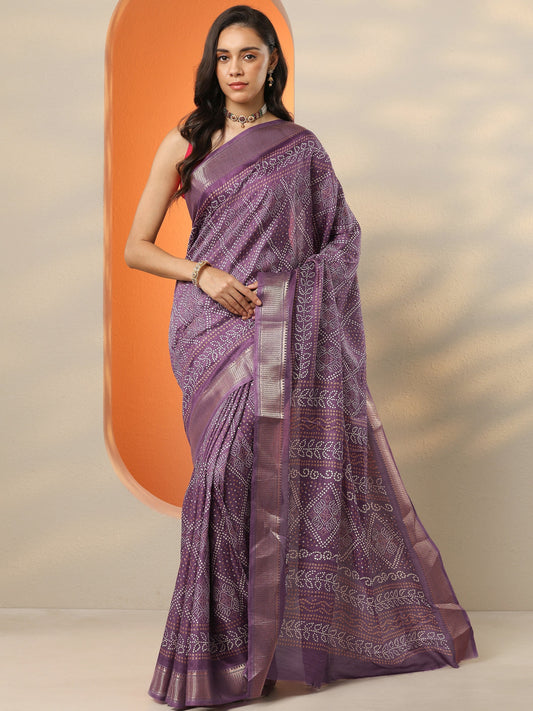 Purple Bandhani Printed Silk Blend Saree With Unstitched Blouse Piece